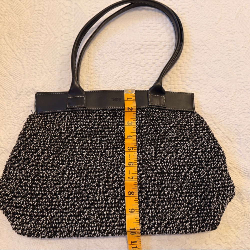 The Sak/ Elliott Lucca Black/ White Knit Bag w/ Black Leather Handles / Trim - Picture 8 of 8